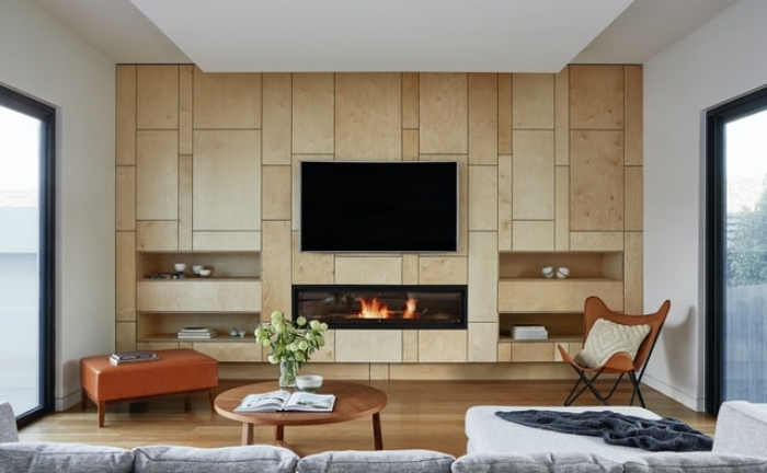 modern fireplace in cosy living room